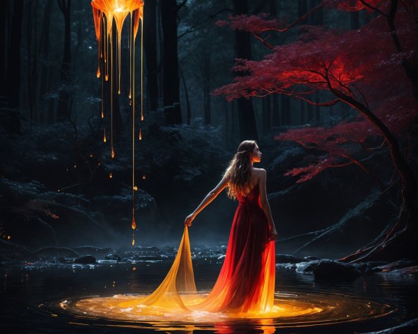 Woman in Red Dress in Mystical Golden Light Pool