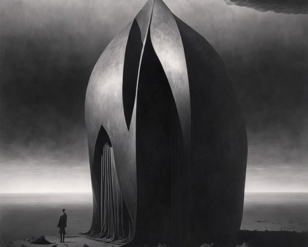 Surreal Monochromatic Landscape with Sculptural Structure