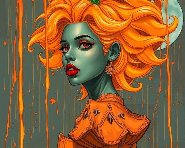Vibrant Illustration of Woman with Green Skin and Orange Hair