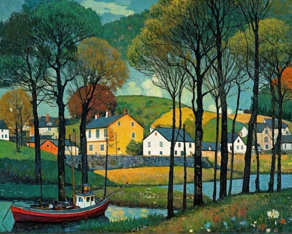 Tranquil River Landscape with Autumn Foliage and Houses