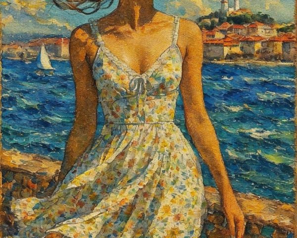 Young Woman Gazing at Coastal Town with Lighthouse