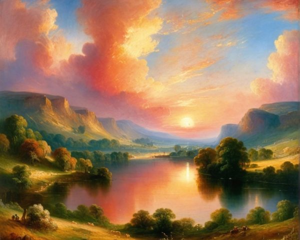 Tranquil River at Sunset with Majestic Mountains