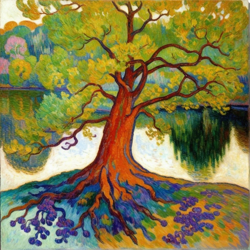 Vibrant Tree with Colorful Foliage and Water Reflections