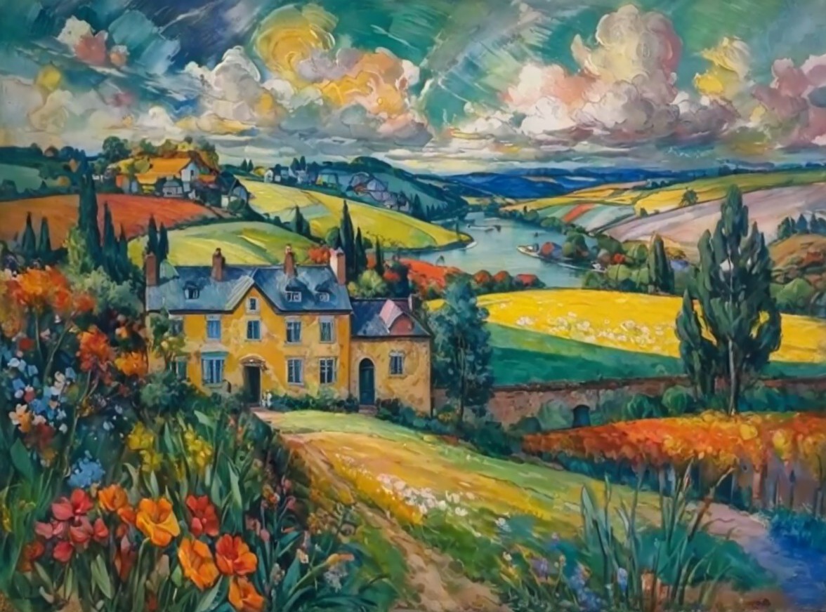 Vibrant Landscape with Yellow House and Rolling Hills