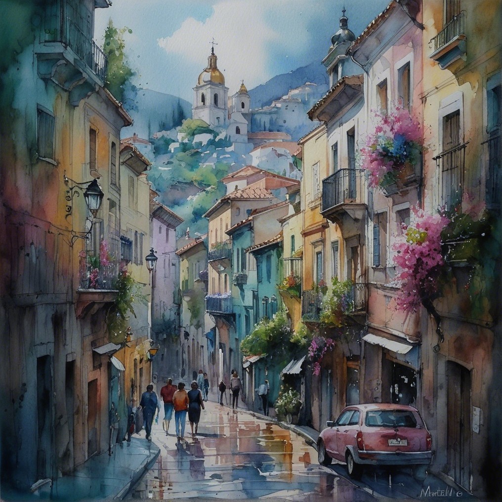 Charming Cobblestone Street with Pastel Buildings and Church