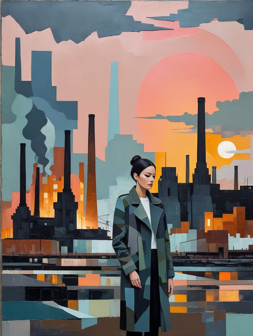 Urban Industrial Scene with Serene Contemplative Figure