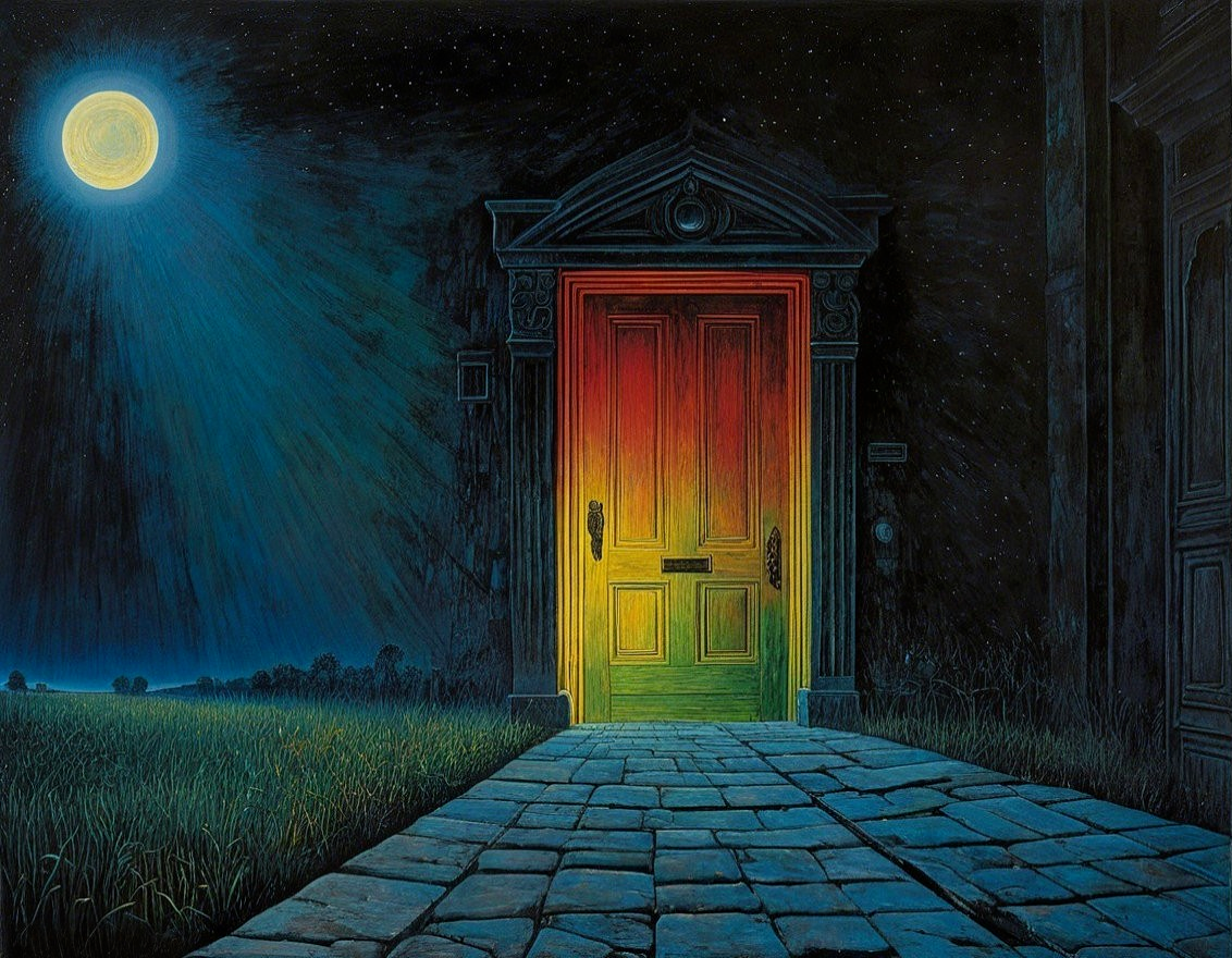 Vibrant Door with Warm Glow Under Moonlit Sky