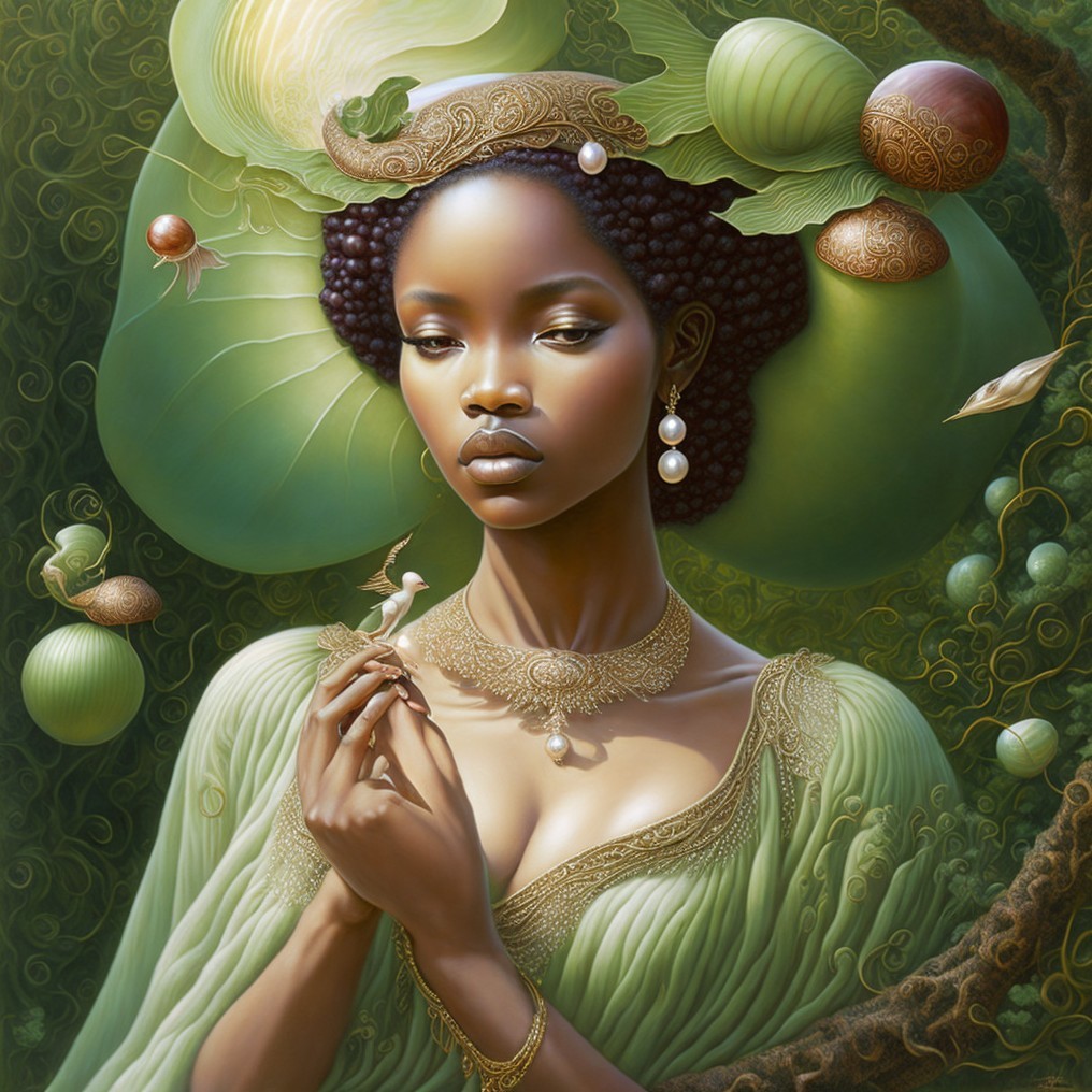 Portrait of a woman in green outfit with natural elements