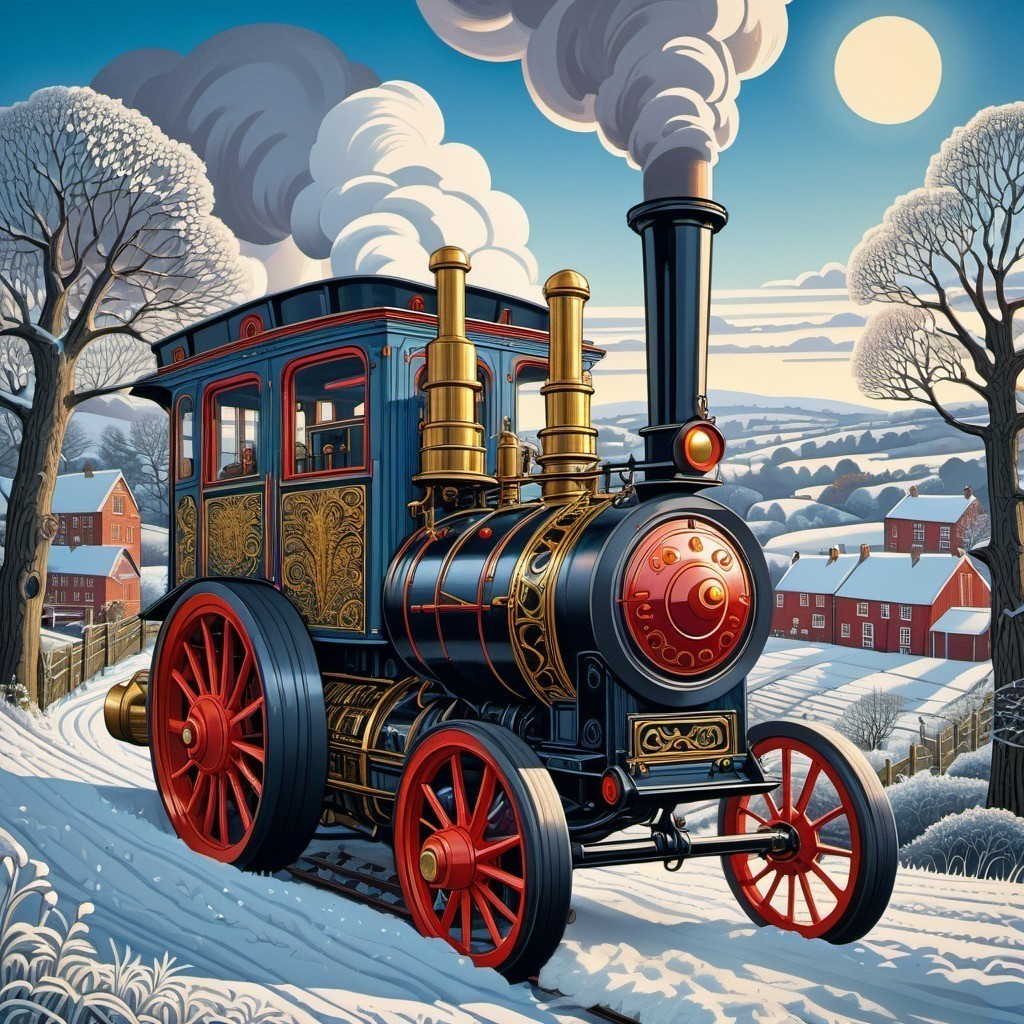 Colorful Vintage Steam Locomotive in Snowy Landscape