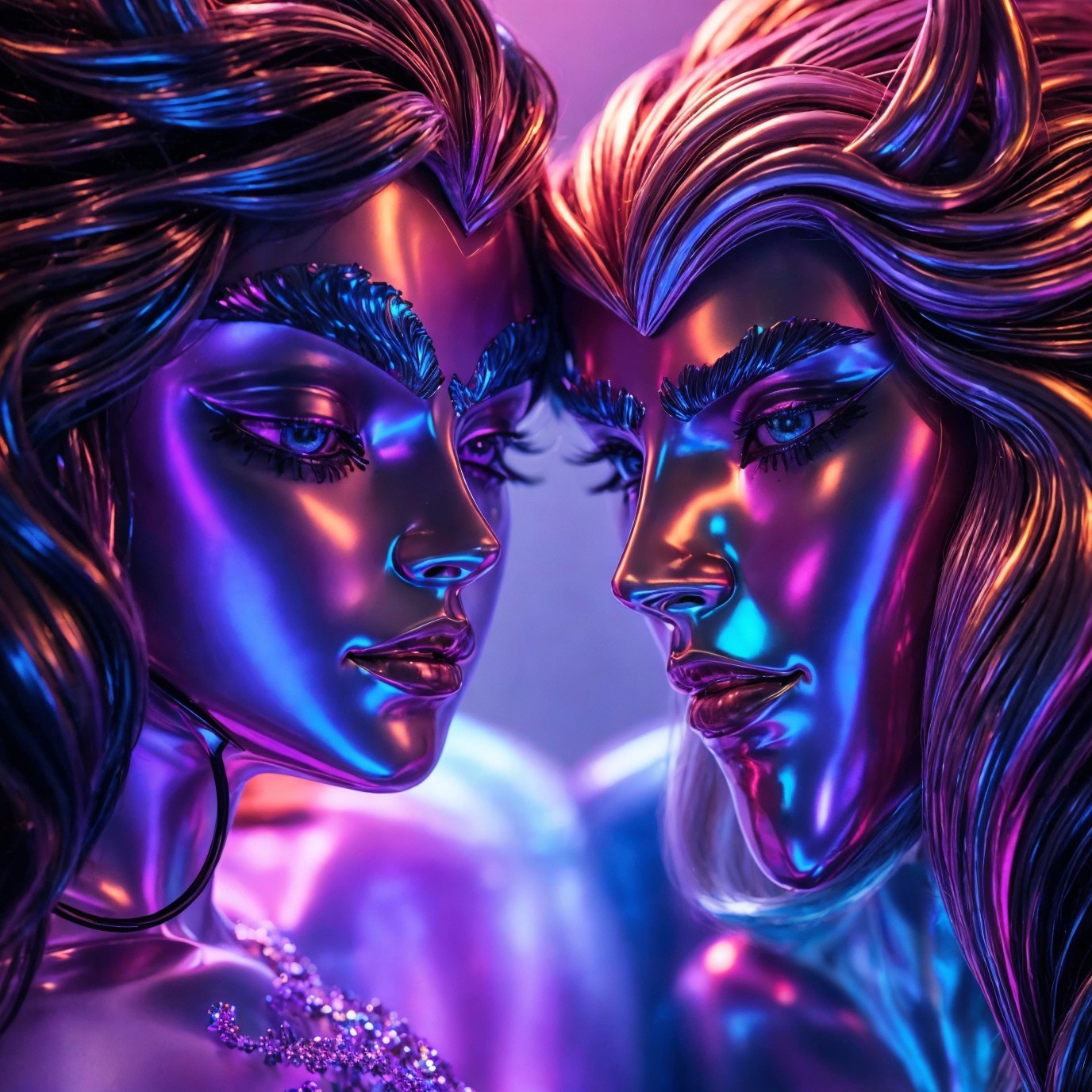 Stylized Metallic Figures with Neon Lighting and Details