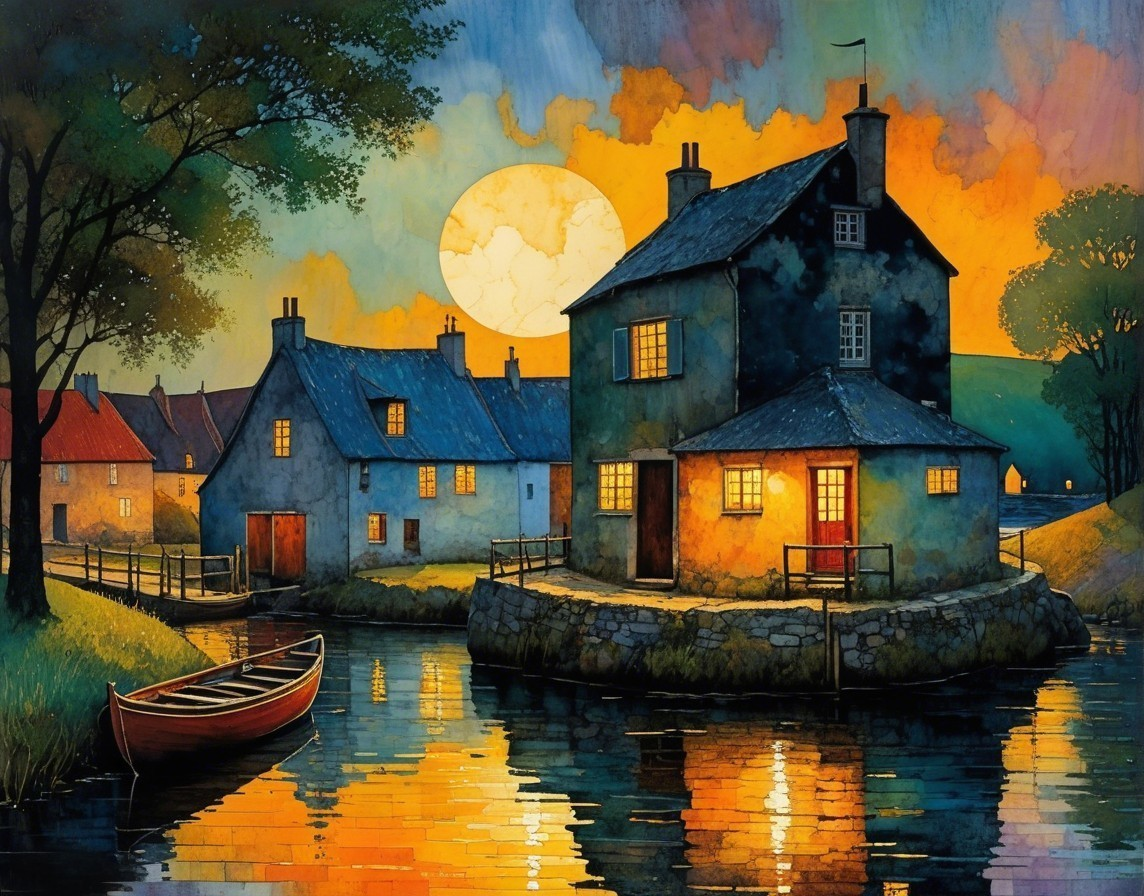 Charming Village at Sunset by a Tranquil Canal