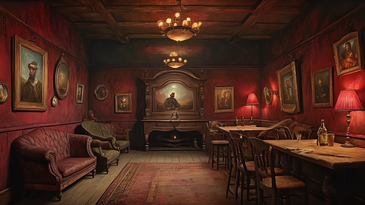 Dimly Lit Room with Red Walls and Vintage Decor