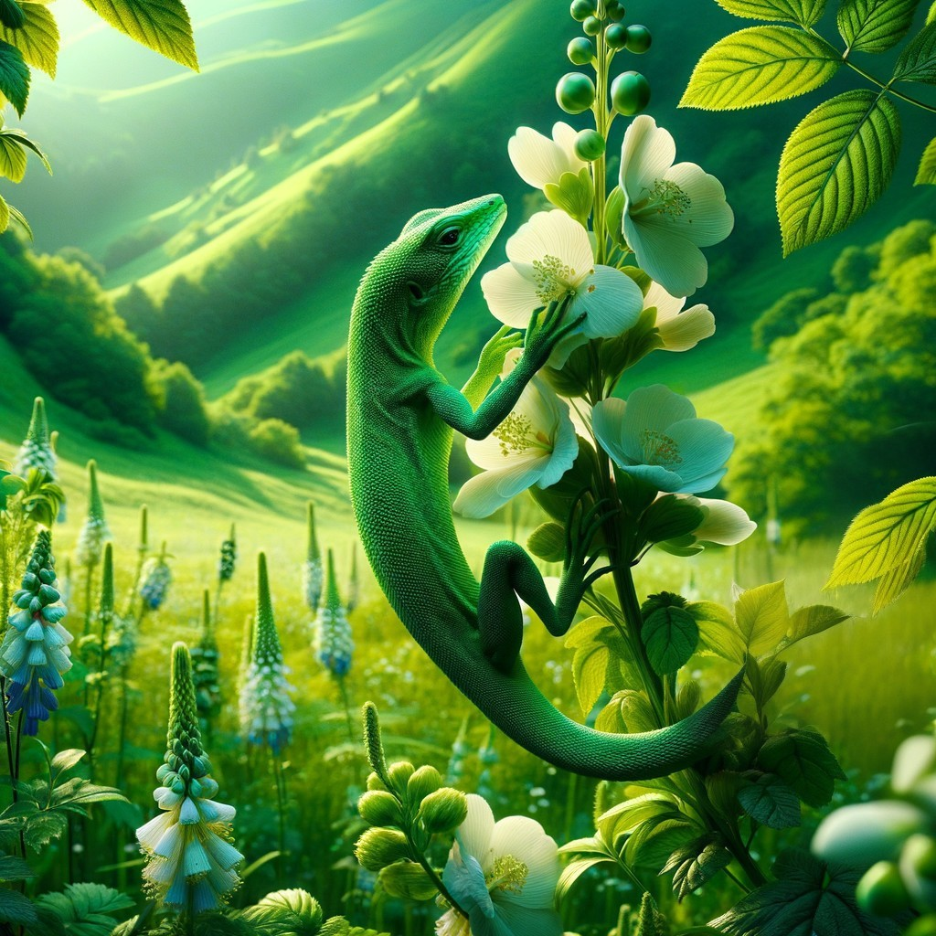 Green Lizard on White Flower in Serene Landscape