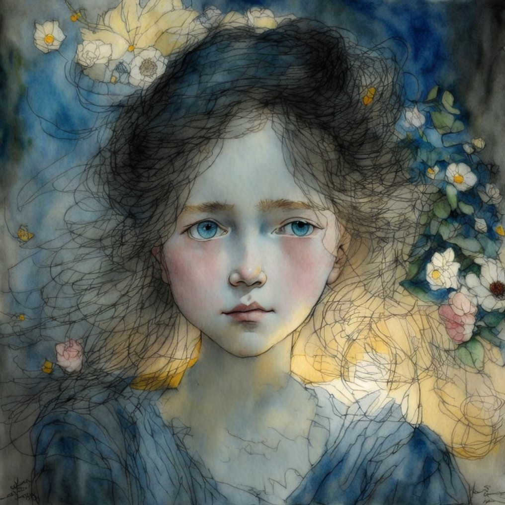 Painting of a Young Girl with Blue Eyes and Flowers