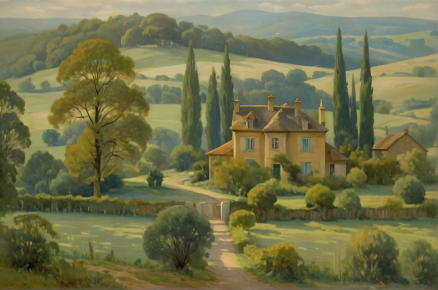 Rustic house in serene landscape with lush gardens