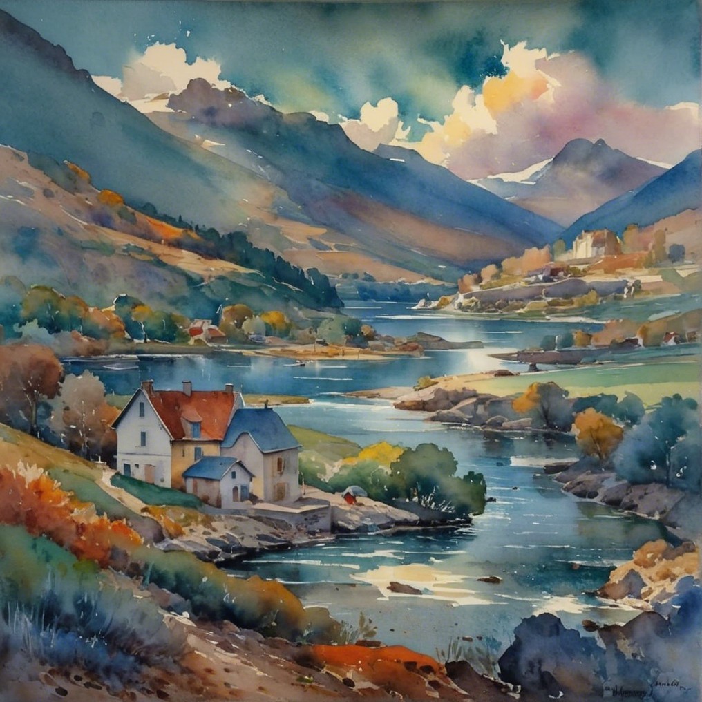 Tranquil River Landscape with Charming Houses and Hills