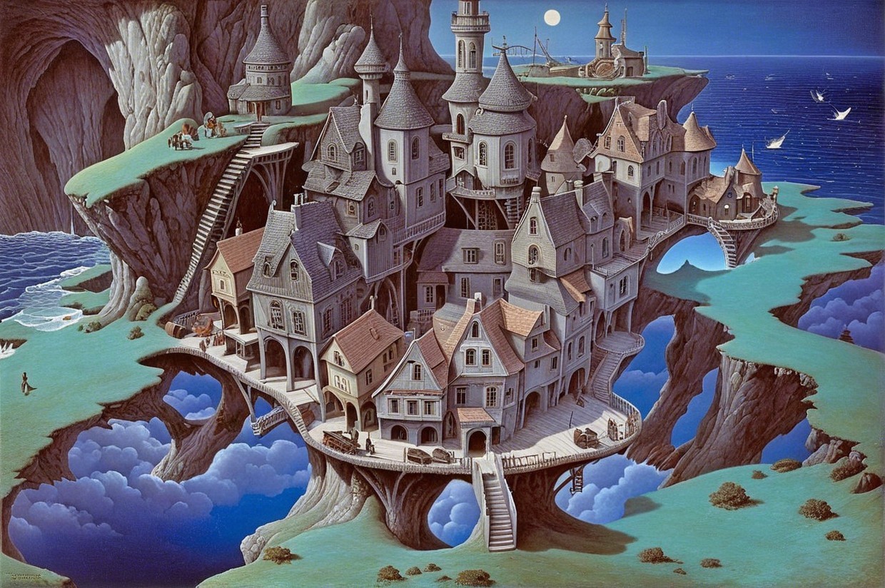 Surreal Village on Cliffs with Unique Architecture