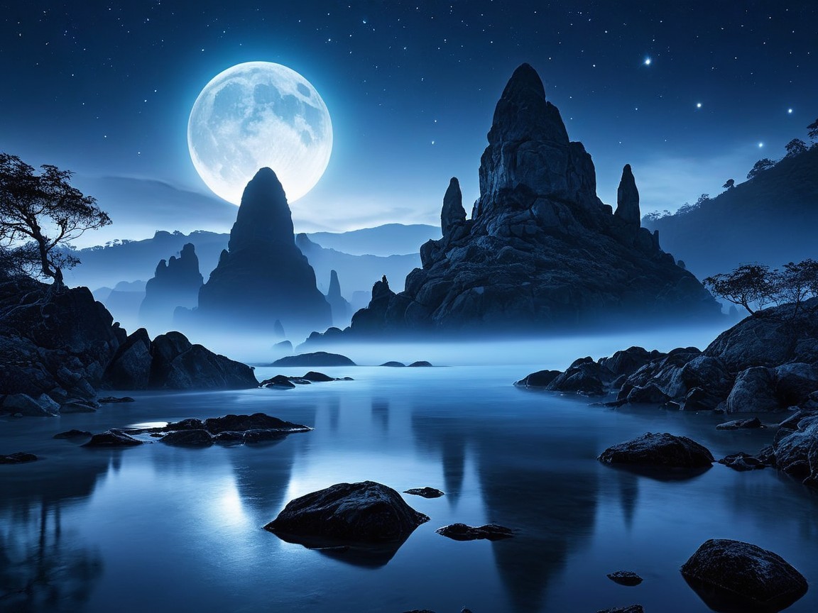 Serene Nighttime Landscape with Moonlit Reflections