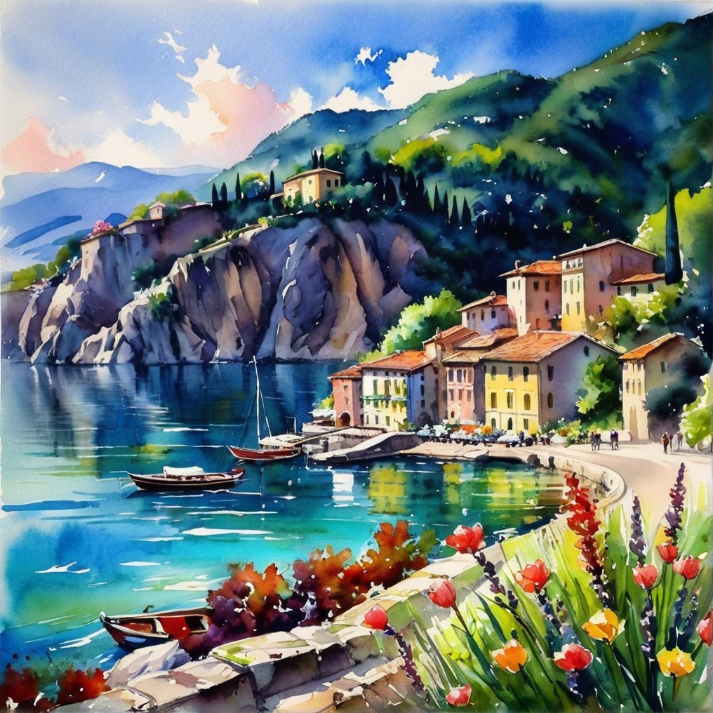 Lakeside Scene with Vibrant Buildings and Mountains