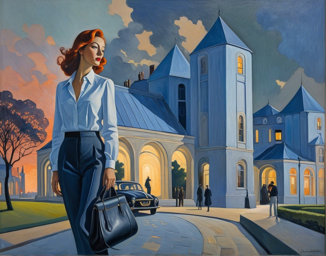 Glamorous Woman Approaching Vintage Car at Dusk