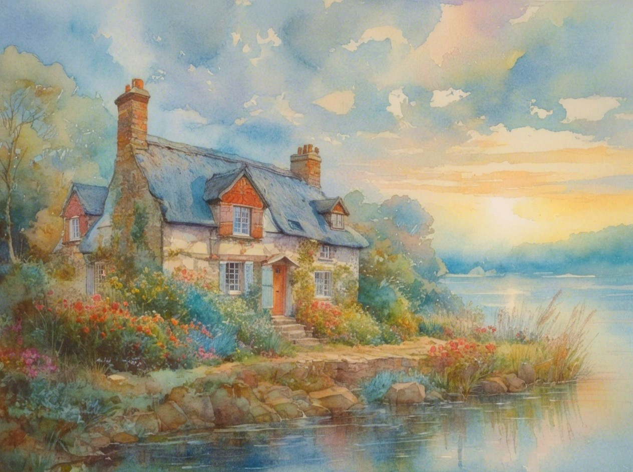 Watercolor Painting of Cottage by Serene Lake at Sunset