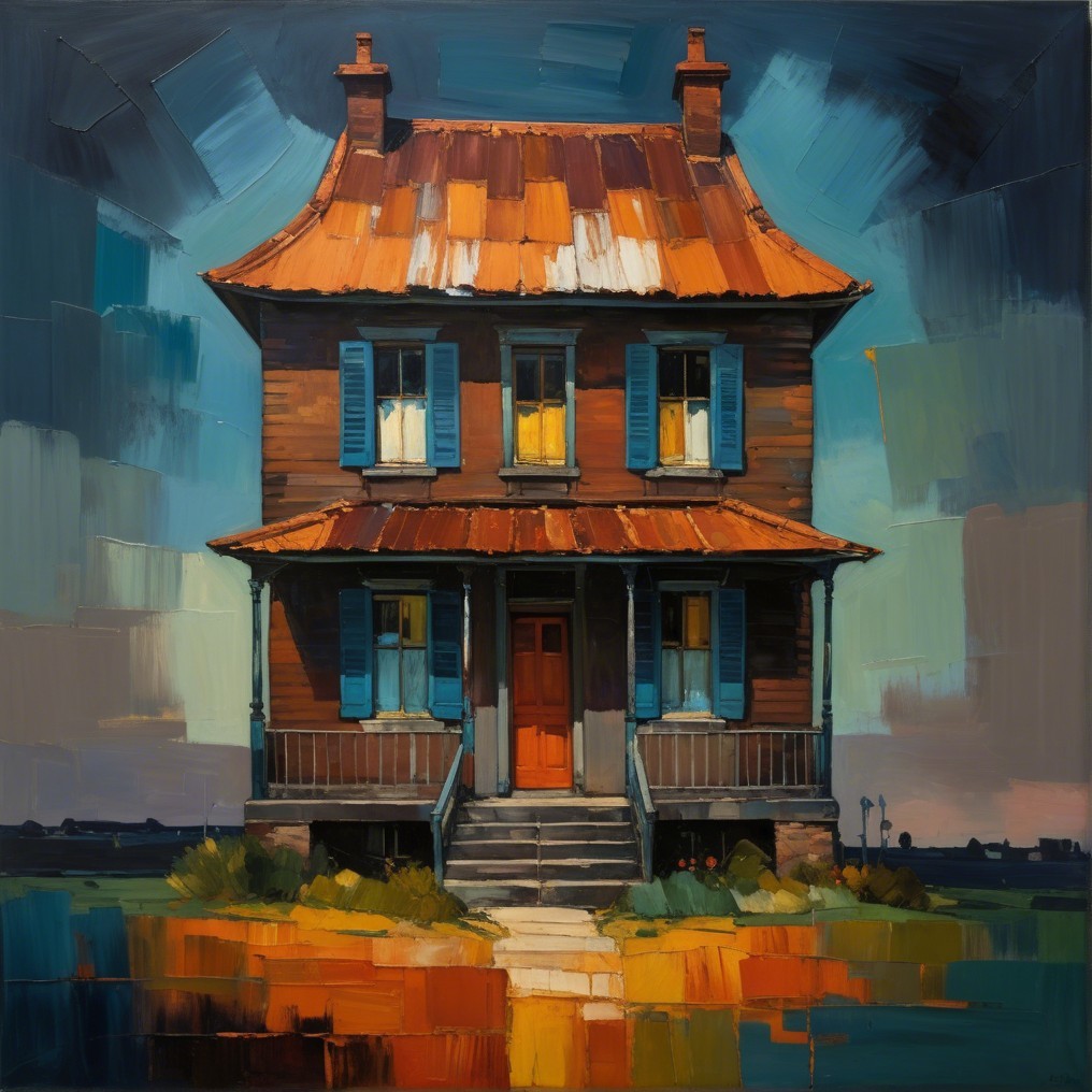 Two-Story House with Rust Roof and Blue Shutters