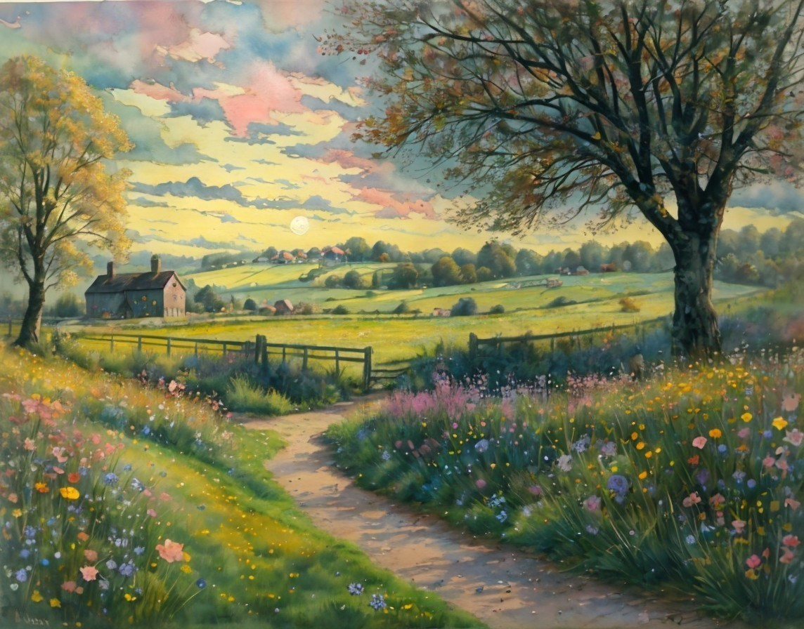 Serene Countryside Scene at Sunset with Wildflowers