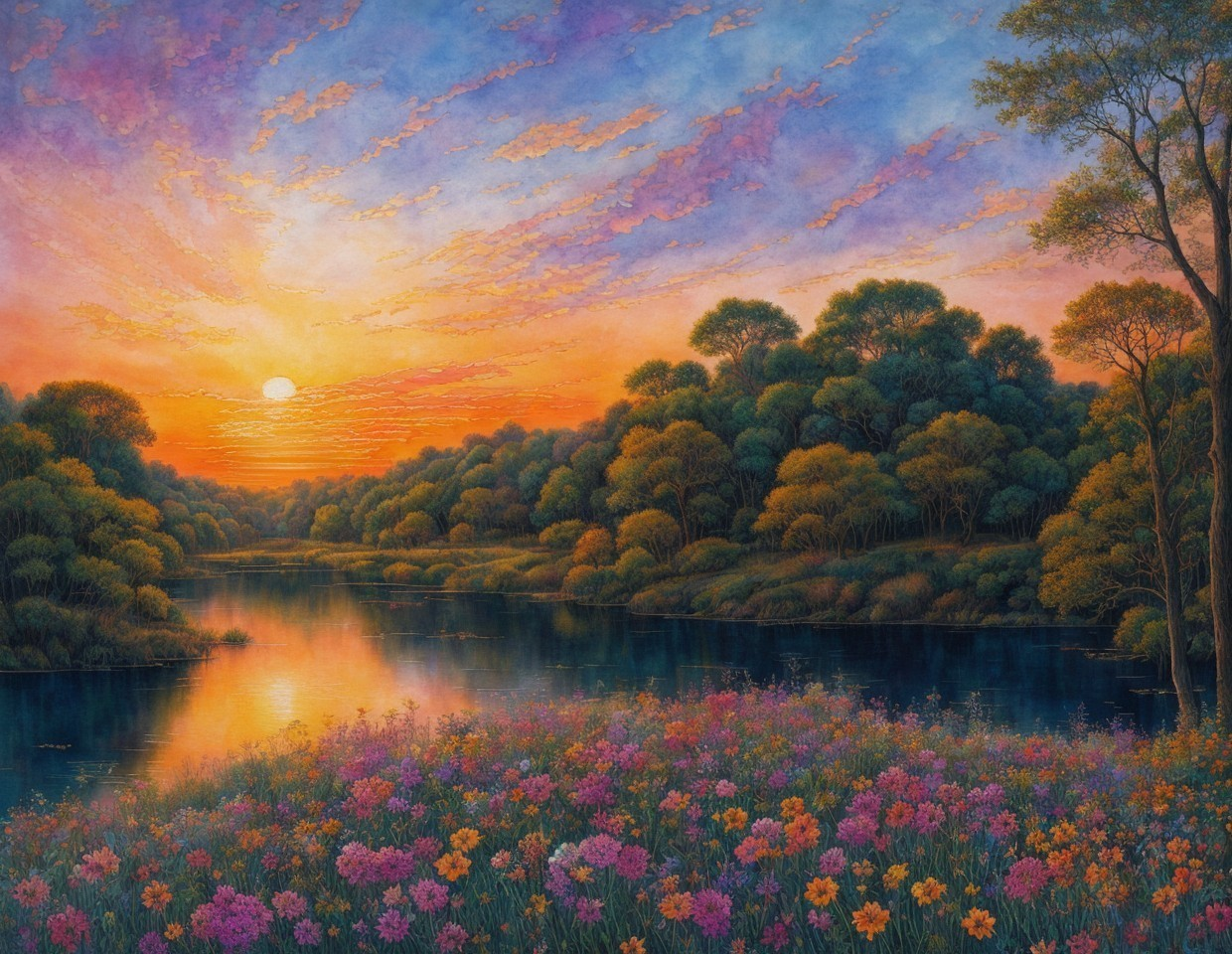 Colorful sunset river landscape with trees and wildflowers