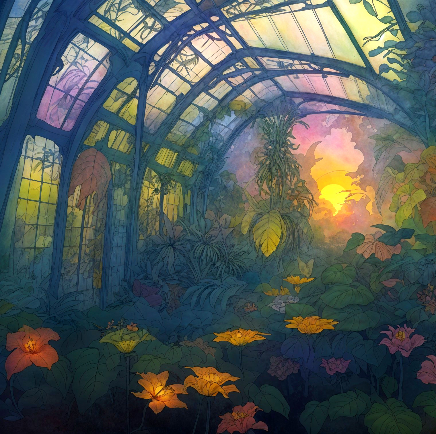 Lush Greenhouse with Vibrant Flowers and Foliage