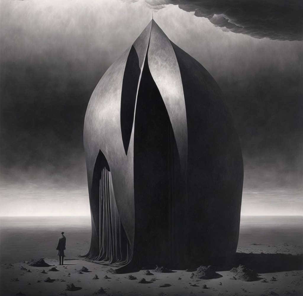 Surreal Monochromatic Landscape with Sculptural Structure