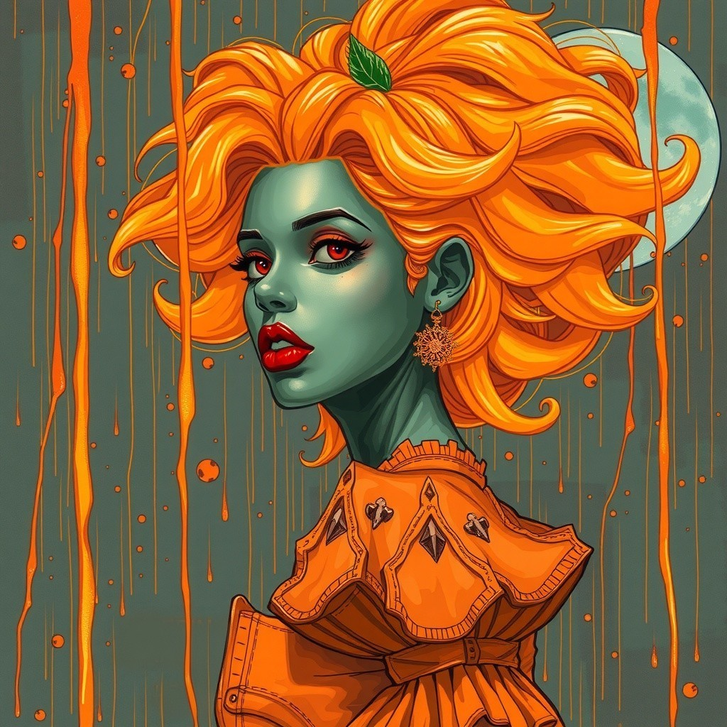 Vibrant Illustration of Woman with Green Skin and Orange Hair