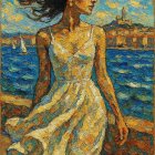 Young Woman Gazing at Coastal Town with Lighthouse
