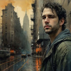 Contemplative Man on Rainy Urban Street at Twilight