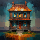 Two-Story House with Rust Roof and Blue Shutters