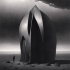 Surreal Monochromatic Landscape with Sculptural Structure