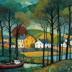 Tranquil River Landscape with Autumn Foliage and Houses