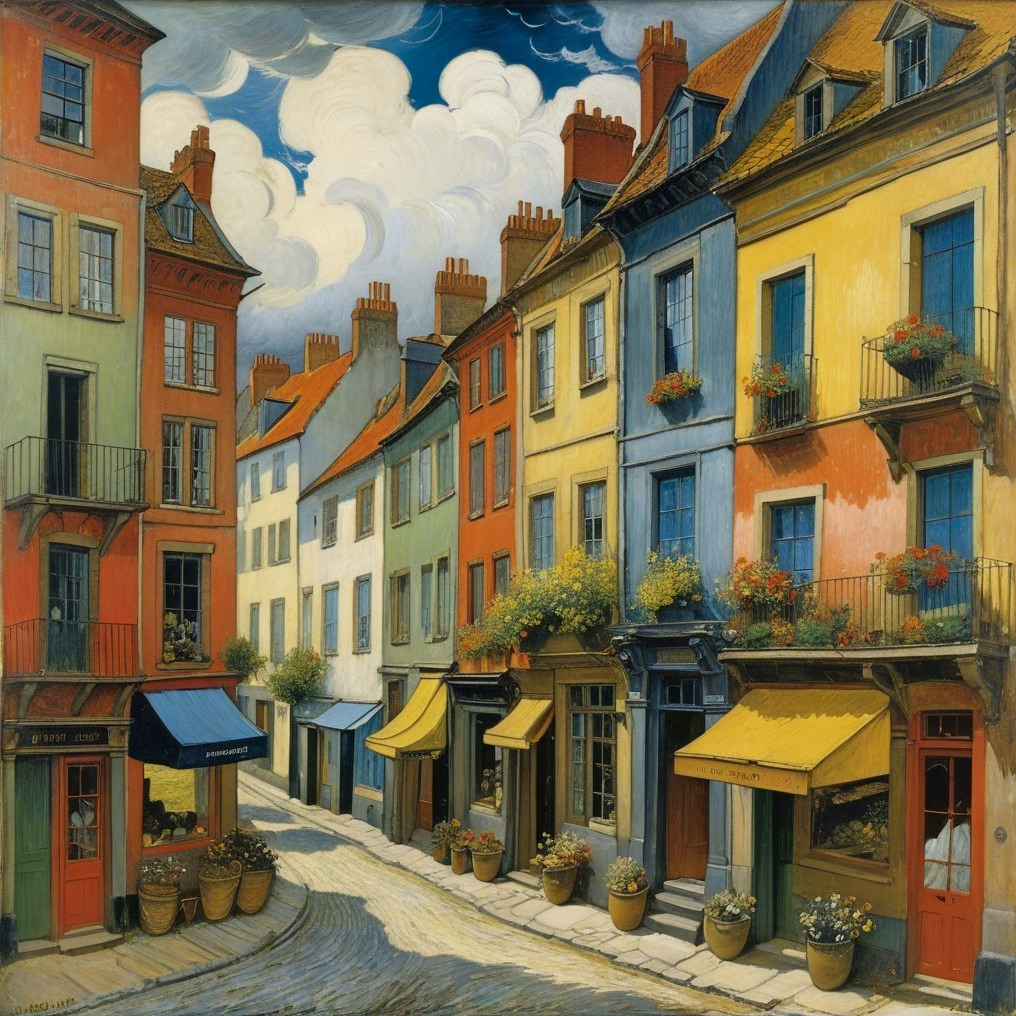 Colorful Cobblestone Street with Vibrant Houses and Flowers