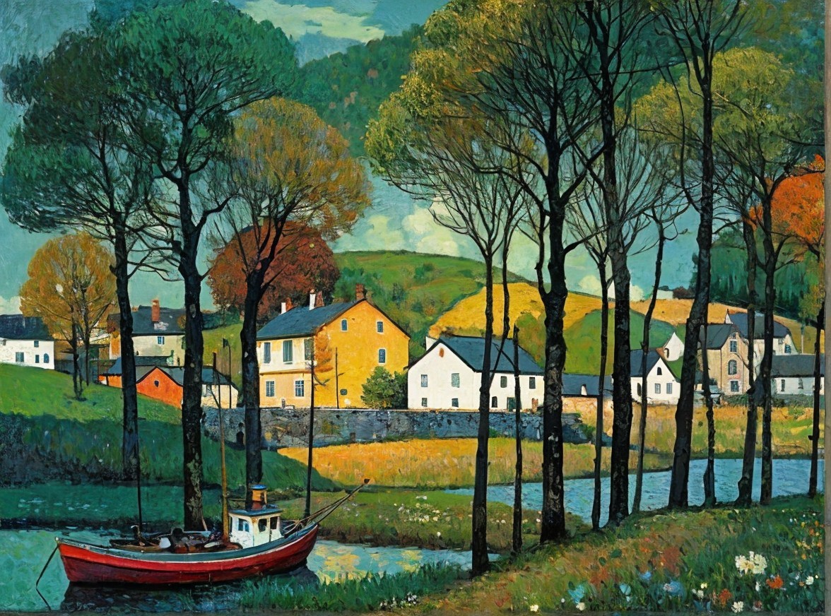 Tranquil River Landscape with Autumn Foliage and Houses