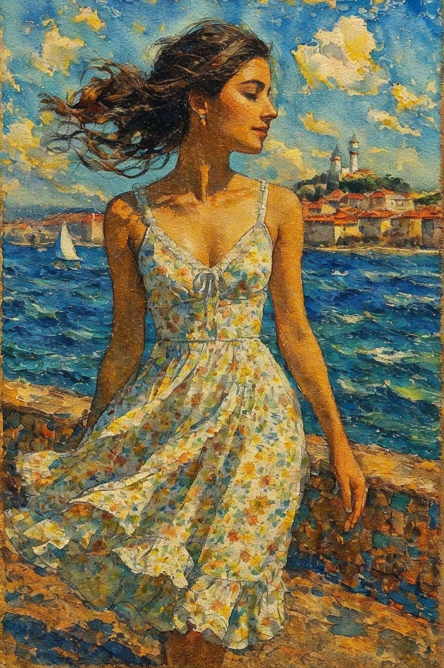 Young Woman Gazing at Coastal Town with Lighthouse
