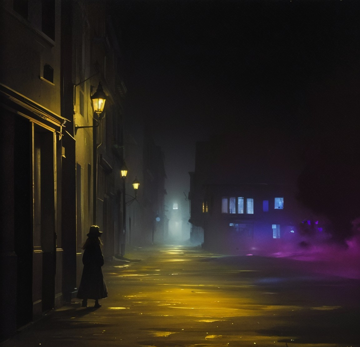 Foggy Street with Golden Lights and Shadowy Figure