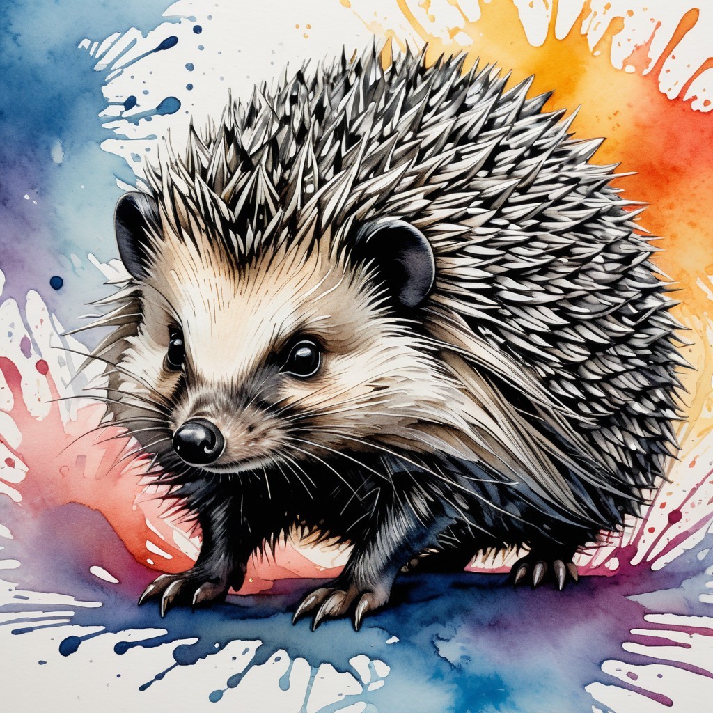 Hedgehog Illustration with Vibrant Watercolor Background