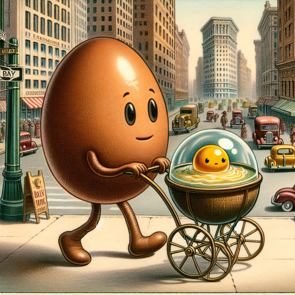 Cartoonish Egg Strolling in Whimsical City Scene