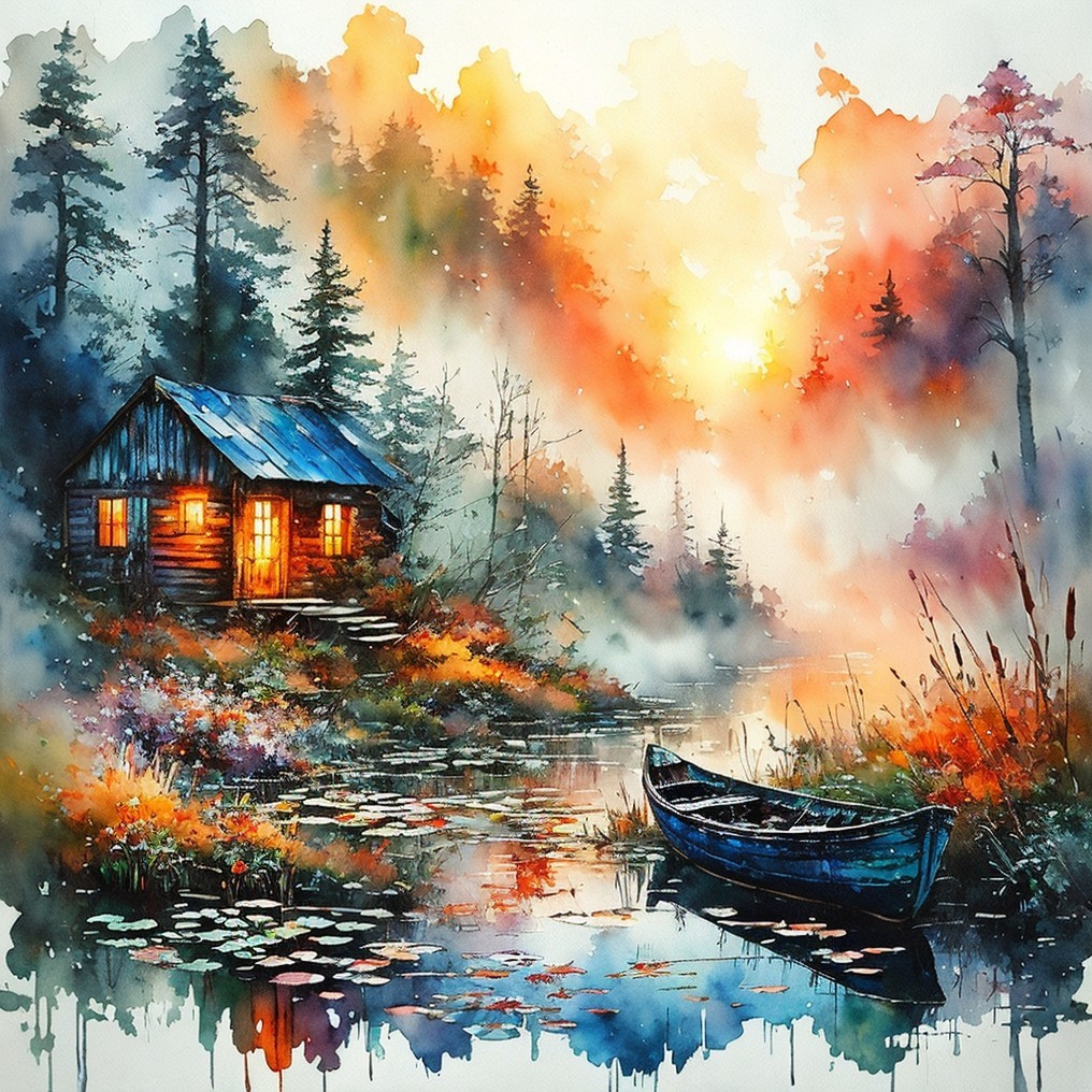 Rustic Cabin by Tranquil Lake at Sunset