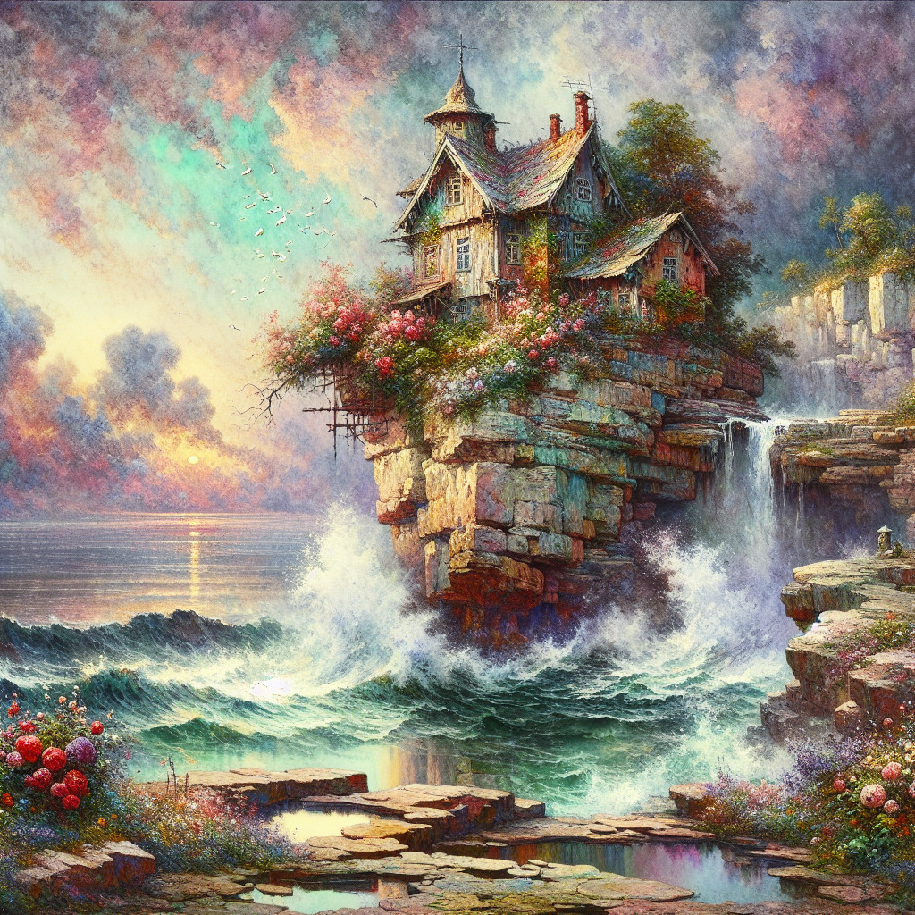 Whimsical House on Cliff with Vibrant Flowers and Waterfalls