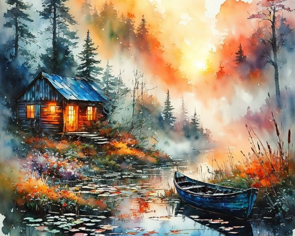 Rustic Cabin by Tranquil Lake at Sunset