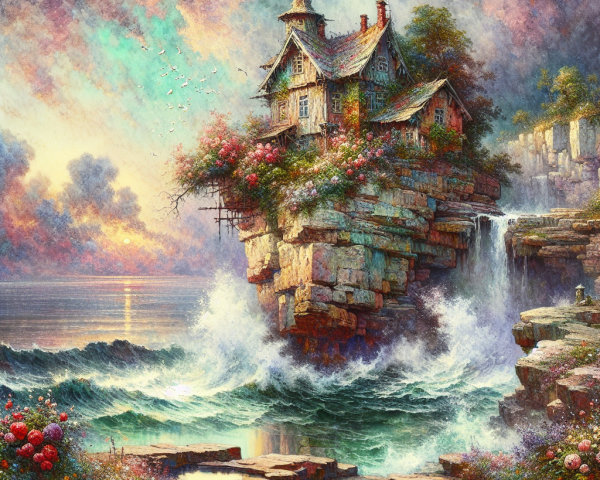 Whimsical House on Cliff with Vibrant Flowers and Waterfalls
