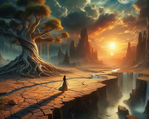 Serene Landscape with Waterfalls and Dramatic Sky