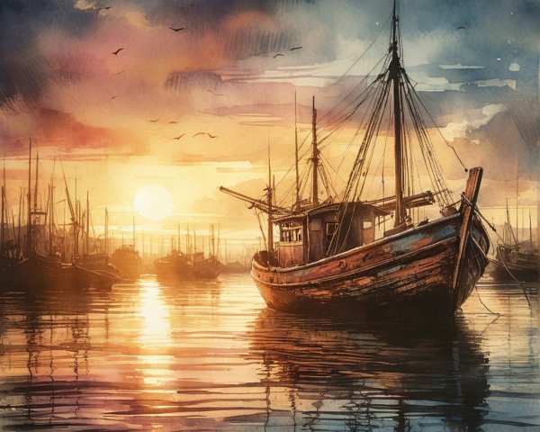 Vintage Fishing Boat at Sunset on Tranquil Waters