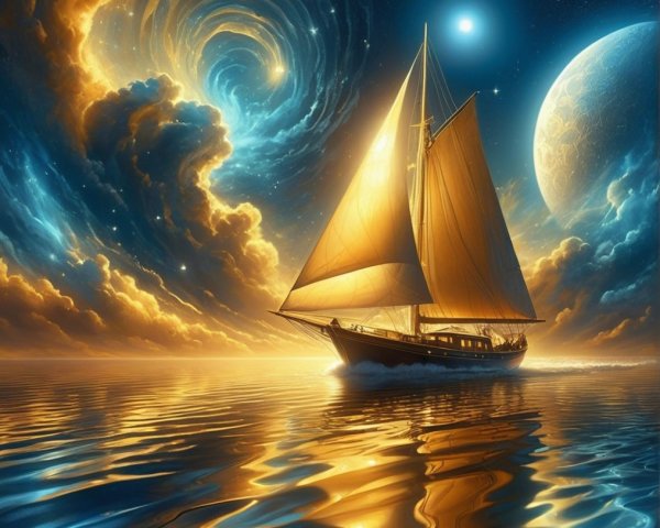 Majestic Sailing Ship Under Cosmic Sky and Galaxy