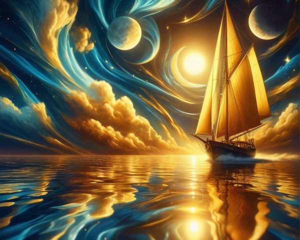 Majestic sailboat on shimmering ocean under vibrant skies